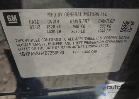 2013 Chevrolet Cruze Ls Auto z USA, uszkodzony, nr VIN 1G1PA5SH4D7253923